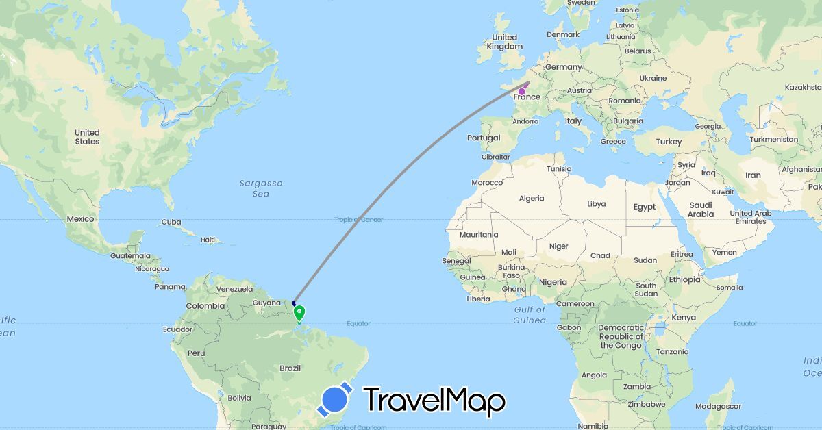 TravelMap itinerary: driving, bus, plane, train, boat in Brazil, France (Europe, South America)